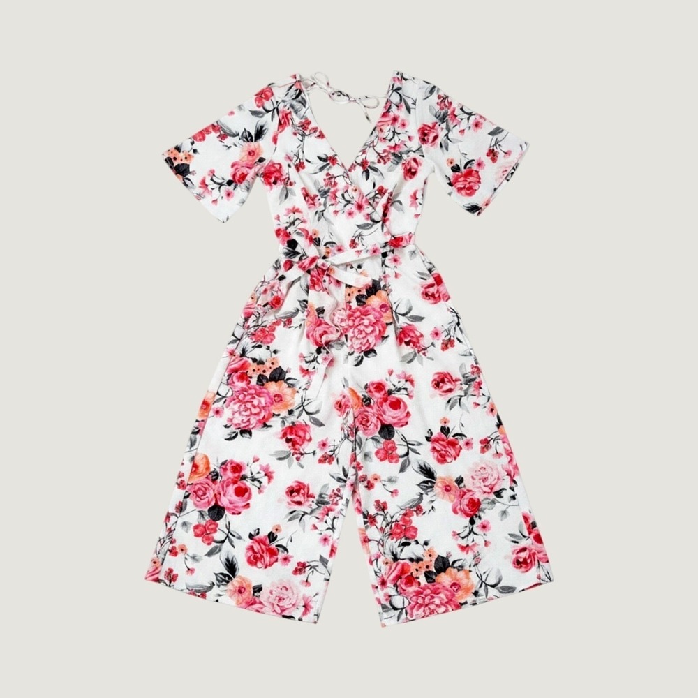 Trixxi Women's Medium Wide Leg Flowy Cropped‎ Orange and Pink Floral Jumpsuit